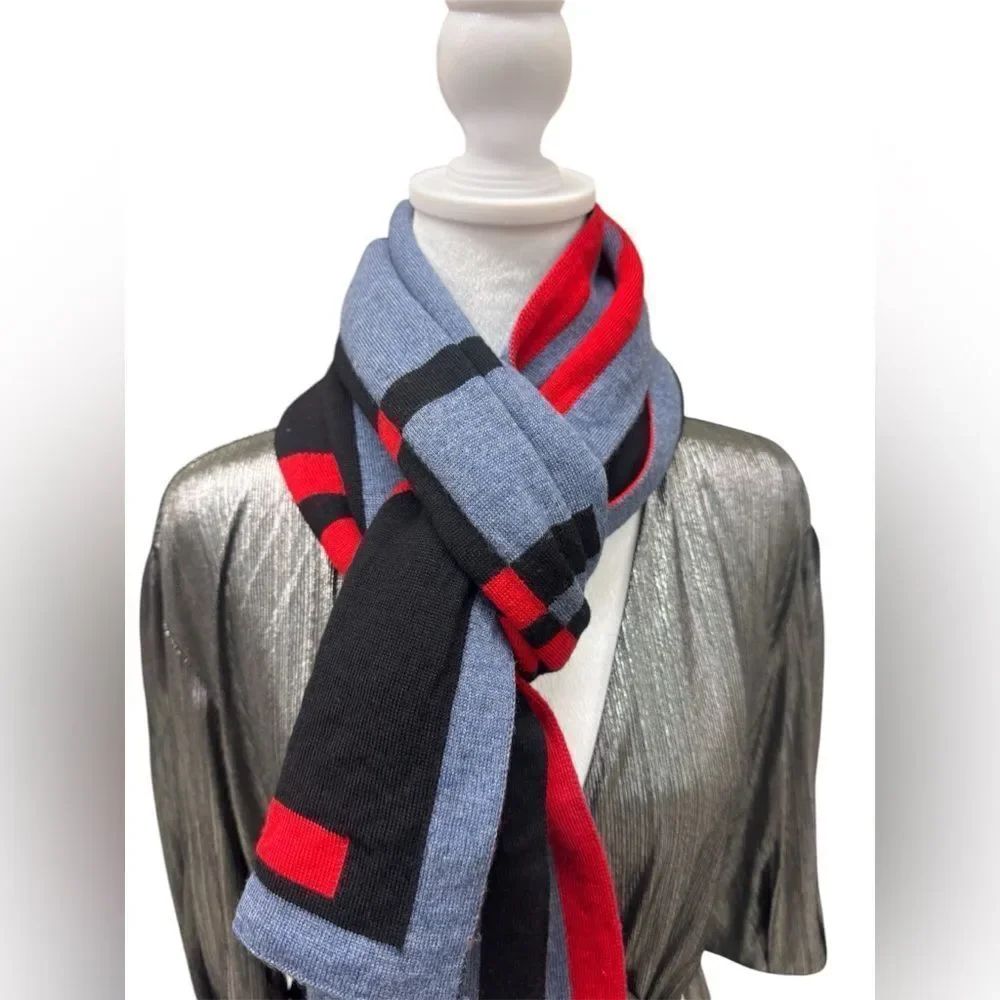 Auth Louis Vuitton 100% Wool Red Blue Black Gray Horizon Scarf Stole Muffler